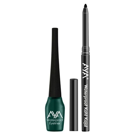 Buy AYA Waterproof Liquid Eyeliner, Green + Jet black Waterproof Kohl Kajal Combo of 2-Purplle
