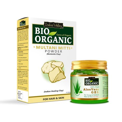 Buy Indus Valley Bio Organic Aloe Vera Gel and Multani Mitti Powder combo pack for Acne, Scars, Glowing & Radiant Skin Treatment (175ml + 200g)-Purplle