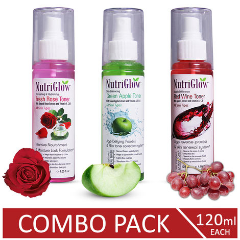 Buy NutriGlow Combo of 3 Toner- Fresh Rose/ Green Apple & Red Wine For Detoxifies Skin & Tightens Pores (120 ml each)-Purplle