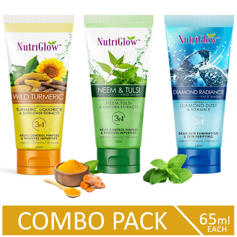 Buy NutriGlow Combo of 3 Face Wash- Diamond Radiance/ Wild Turmeric & Neem & Tulsi For Gentle Cleansing (65ml each)-Purplle