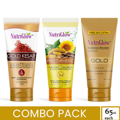 Buy NutriGlow Combo of 3 Face Wash- Gold Kesar (65 ml)/ Wild Turmeric (65 ml) & Gold Radiance Booster (65 ml) For Instant Glowing Fairness-Purplle