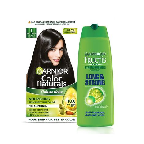 Buy Garnier Color Naturals No Ammonia Permanent Hair Color Shade 1 - Natural Black (70ml + 60g) + Garnier Fructis Strengthening Shampoo Long & Strong 175ml (Combo Pack of 2)-Purplle