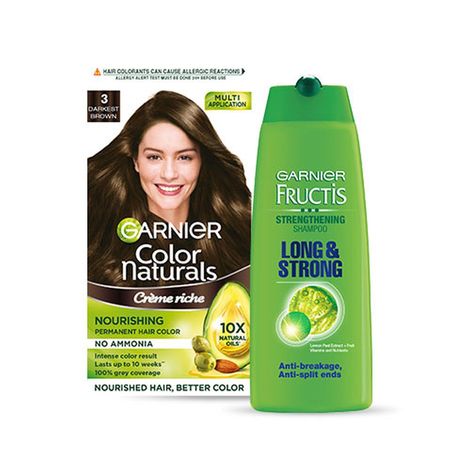Buy Garnier Color Naturals No Ammonia Permanent Hair Color Shade 3 - Darkest Brown (70ml + 60g) + Garnier Fructis Strengthening Shampoo Long & Strong 175ml (Combo Pack of 2)-Purplle