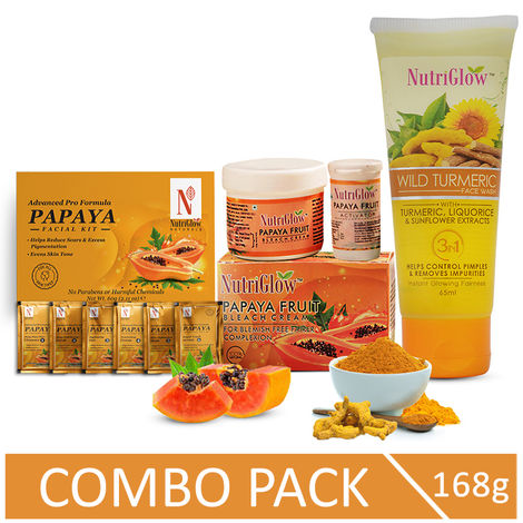 Buy NutriGlow NATURAL'S Advanced Pro Formula Papaya Facial Kit (60 gm)/ Bleach Cream (43 gm) & Turmeric Face wash (65 ml) For Skin Blemishes Correction-Purplle