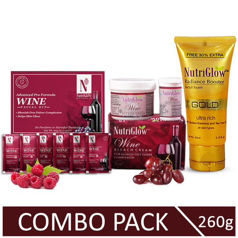 Buy NutriGlow NATURALS'S Advanced Pro Formula Combo of 3 Wine Facial Kit (60 gm)/ Bleach Cream (43 gm) & Gold Radiance Booster (65 ml)-Purplle