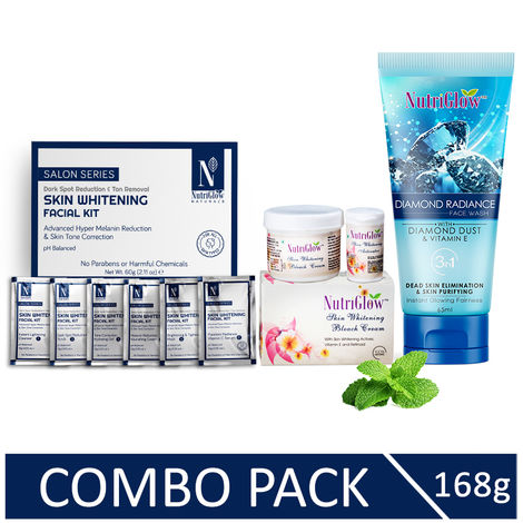 Buy NutriGlow NATURAL'S Advanced Pro Formula Combo of 3 Skin Whitening Facial Kit (60 gm)/ Bleach Cream (43 gm) & Diamond Face wash (65 ml)-Purplle