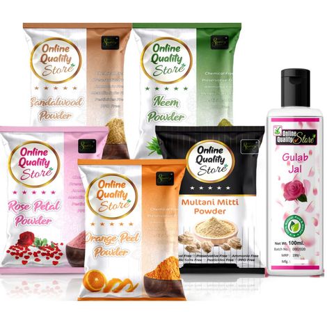 Buy Online Quality Store Face Pack Powder Combo - 400 g (Set of 6) |Multani Mitti ,Chandan Powder ,Orange Peel Powder ,Neem Powder ,Rose Powder ,free Pure Rose Water{mitticombo_jal400}-Purplle