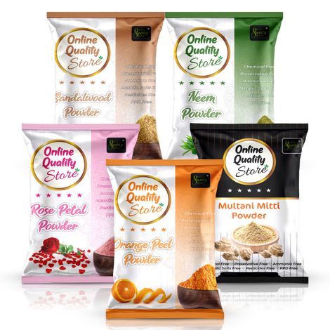 Buy Online Quality Store Multani Mitti + Chandan Powder + Orange Peel Powder + Neem Powder + Rose Powder(Pack of 5 ,Total 400g Pack)|fullers earth powder ,Bentonite Clay {Mti_chan_orge_nm_ros_400}-Purplle