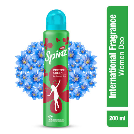 Buy New Spinz Pristine Green Perfumed Deo for Women, with International Fragrances for Long Lasting Freshness and 24 Hours Protection, 200ml-Purplle
