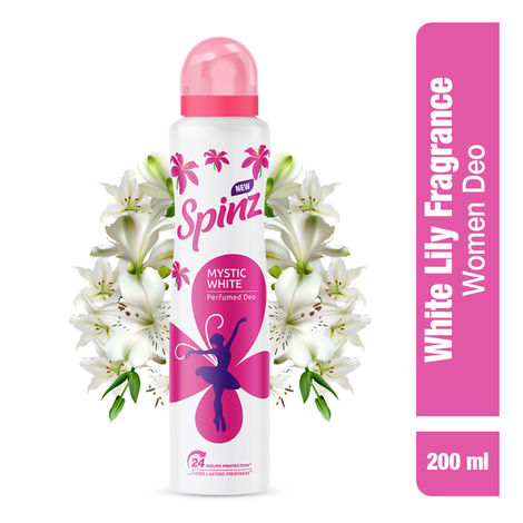 Buy New Spinz Mystic White Perfumed Deo for Women, with Fresh Lily Fragrance for Long Lasting Freshness and 24 Hours Protection, 200ml-Purplle