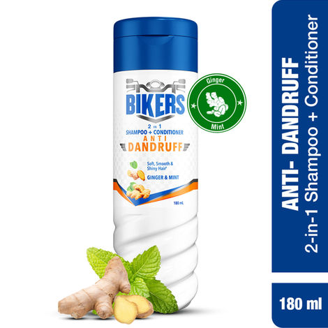 Buy Bikers 2-in-1 Anti Dandruff Shampoo + Conditioner, Ginger and Mint for Soft Smooth Shiny and Conditioned Hair, 180 ml-Purplle