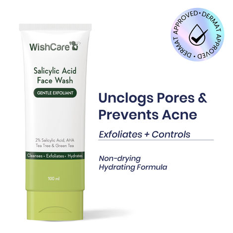 Buy WishCare 2% Salicylic Acid Face Wash with AHA, GreenTea & Tea Tree For Oliy & Acne Prone|Gently Exfoliates & Unclogs Pores|Reduces Active Acne, Blackheads & Whiteheads|Suitable for Both Men & Women|100 ml-Purplle