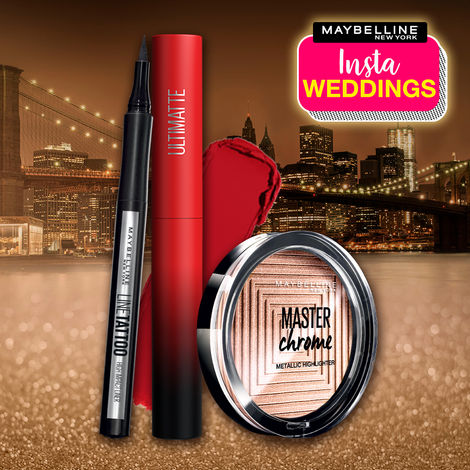 Buy Maybelline New York InstaWeddings Dazzling Cocktail Combo - Pack of 3 (Ultimatte Lipstick -199 More Ruby, 1.7g + Line Tattoo High Impact Liner, 1g + Master Chrome Highlighter - 100 Molten Gold, 6,7g)-Purplle