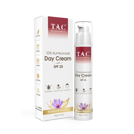 Buy TAC - The Ayurveda Co. 10% Kumkumadi Day Cream with SPF 20 Radiant & Youthful, 50gm-Purplle