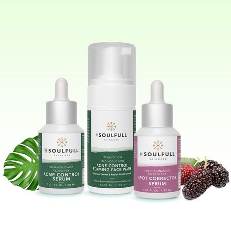 Buy Be Soulfull Clear & Correct| Anti-Acne Foaming Face Wash, Acne Control Serum & Spot Corrector Serum | Fights acne, controls excess oil, unclogs pores, reduces spots & marks | 100 ml,30 ml,30 ml-Purplle