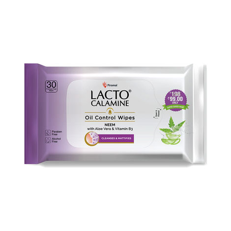 Buy Lacto Calamine Oil Control Wipes with Neem, Vitamin B3 and Aloe Vera – No Parabens Alcohol Free, 30 Wipes-Purplle