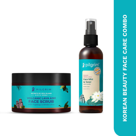 Buy Pilgrim Korean Beauty Face Care Combo – Volcanic Lava Face Scrub & Alcohol-Free Toner Mist(100 ml +100 ml) (Pack of 2) | Exfoliates, Refines Pores & Hydrates | Gentle & Non-Irritating | For All Skin Types-Purplle