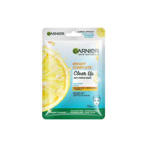 Buy Garnier Bright Complete Anti Pimple Sheet Mask - Infused With Salicylic Acid, Niacinamide and Vitamin C Serum | Face Sheet Mask For Clear, Hydrated And Glowing Skin-Purplle