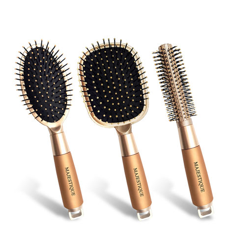 Buy Majestique Paddle Detangling, Oval, and Round Hair Brush Set with Soft Nylon Bristles for Blow Drying and Straightened look - 3Pcs/Gold-Purplle