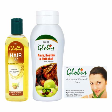 Buy Globus Aloe Vitamin E Soap+ Globus Hair Oil+ Globus Herbal Shampoo (375 g)-Purplle