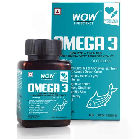 Buy WOW Life Science Omega-3 1500mg Capsules with Fish oil - EPA 270 + DHA 180 Enriched - 60 Capsule-Purplle
