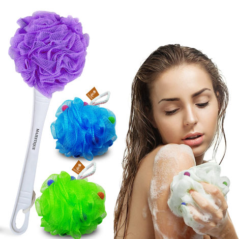 Buy Majestique Body Loofah with Active Spheres Body Wash Sponge and Long Handle Loofah, Soft Exfoliating Shower Home - 3Pcs/Multicolor-Purplle