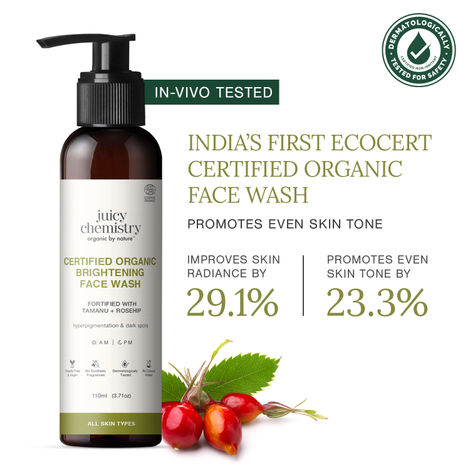 Buy Juicy Chemistry Certified Organic Brightening Face Wash with Tamanu & Rosehip, 110 ml | Deeply Cleanses & Brightens Skin | Reduces Pigmentation & Dark Spots | Restores Glow | Dermatologically & Clinically Tested | Cruelty Free-Purplle
