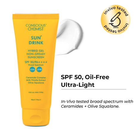 Buy Conscious Chemist Sun Drink Hybrid Gel Sunscreen SPF 50 PA++++ | 50 gm | Sunscreen SPF 50 for Dry Skin, Gel Sunscreen, Sunscreen for Dry Skin with Ceramide, Milk Thistle Extract & Olive Squalane, All Skin Type-Purplle