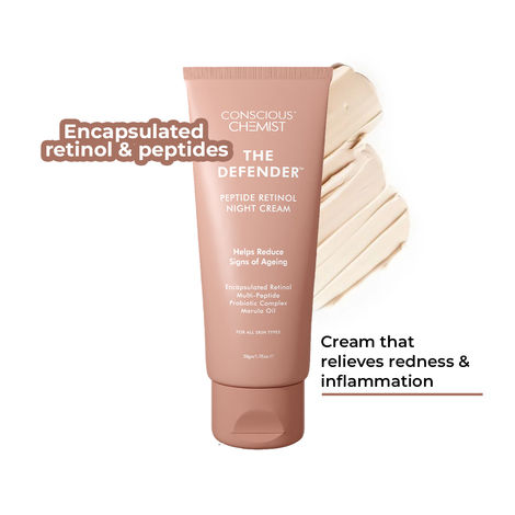 Buy Conscious Chemist The Defender Night Cream | 0.5% Retinol Moisturizer Cream | 50 gm | Night Cream, Face Cream for Men & Women, Multi peptide Anti aging cream, Reduces Fine lines, Neck lines & Wrinkles, All Skin Types-Purplle