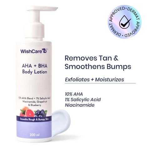 Buy WishCare AHA + BHA Body Lotion for DeTan-10% AHA + 1% Salicylic Acid- Niacinamide, Grapefruit & Blueberry - 200 ml-Purplle