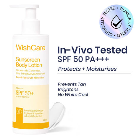Buy WishCare Sunscreen Body Lotion SPF50 PA+++|In-Vivo Tested|Dermat Approved UVA & UVB Protection|Long Lasting & Deep Hydration with No White Cast|Prevents Tanning|For Men & Women|200 ml-Purplle