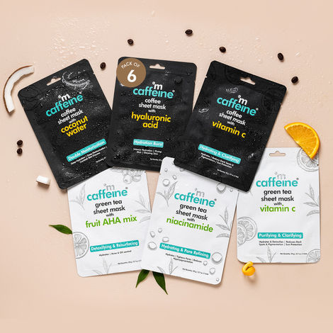Buy mCaffeine Hydrating & Clarifying Green Tea & coffee Sheet Masks.Vitamin C, Hyaluronic Acid, Niacinamide, Coconut Water, Fruit AHA Face Sheet Masks with Green Tea & Coffee for Glowing Skin (Pack of 6) 173g-Purplle