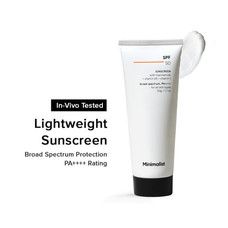 Buy Minimalist SPF 50 Sunscreen with niacinamide + vitamin b5 + vitamin f, broad spectrum, PA++++ for all skin types, 50 gm-Purplle