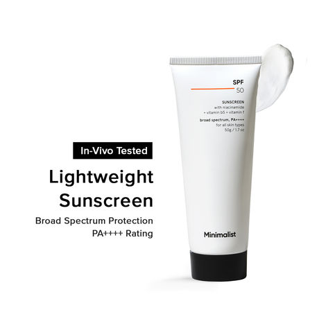 Buy Minimalist SPF 50 Sunscreen with niacinamide + vitamin b5 + vitamin f, broad spectrum, PA++++ for all skin types, 50 gm-Purplle