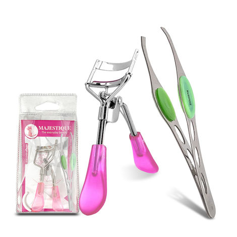Buy Majestique Eyelash Curler with Eyebrow Pluker Tweezer for No Pinching or Pulling Just Dramatically Curled Eyelashes & Lash Line In Seconds - 2Pcs/Multicolor-Purplle