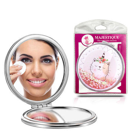 Buy Majestique Glitter Round Makeup Mirror | Portable Double-Sided 1X/2X Magnifying | Cosmetic Mirror Without Distortion - 1Pc/Multicolor-Purplle