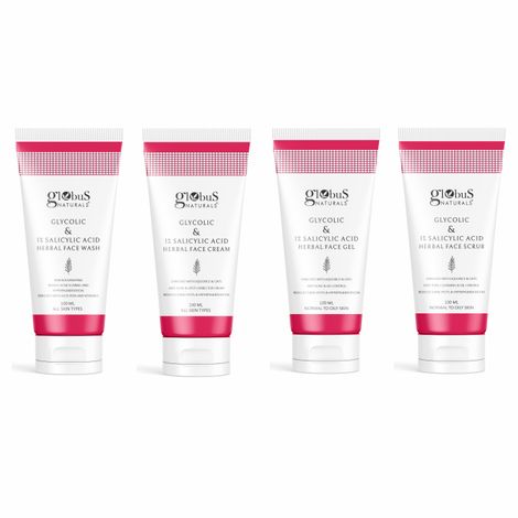 Buy Globus Naturals Glycolic & 1% Salicylic Acid Anti-Acne Face care Combo - Set of 4 Face wash, Face Cream, Face Gel & Face Scrub-Purplle