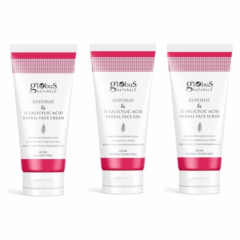 Buy Globus Naturals Glycolic & 1% Salicylic Acid Anti-Acne Face care Combo - Set of 3 Face Cream, Face Gel & Face Scrub-Purplle