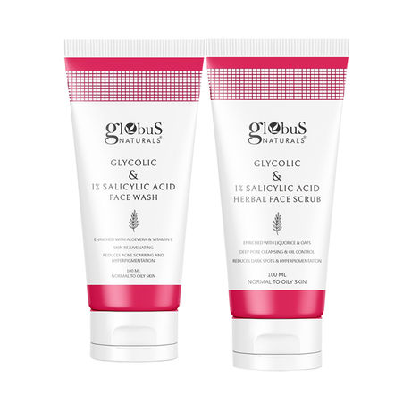 Buy Globus Naturals Glycolic & 1% Salicylic Acid Anti-Acne Face care Combo - Set of 2 Face wash & Face Scrub-Purplle