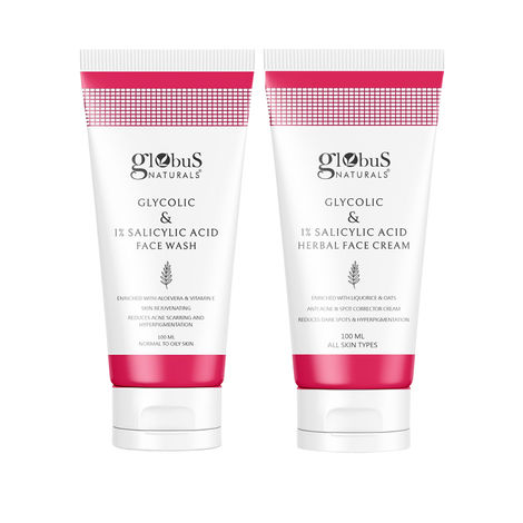 Buy Globus Naturals Glycolic & 1% Salicylic Acid Anti-Acne Face care Combo - Set of 2 Face wash & Face Cream-Purplle