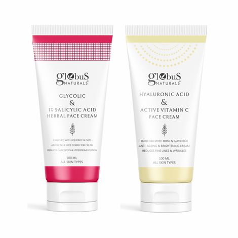 Buy Globus Naturals Glycolic & 1% Salicylic Acid Anti-Acne & Vitamin C & Hyaluronic Acid Anti Ageing Face cream Combo - Set of 2-Purplle
