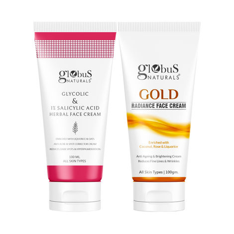 Buy Globus Naturals Glycolic & 1% Salicylic Acid Anti-Acne & Gold Radiance Brightening Face Cream Combo - Set of 2-Purplle