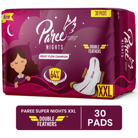 Buy Paree Super Nights Sanitary Pads with Double Feather for Heavy Flow, XXL | All Night Leakage Protection and Convenient Disposable Pouch - 30 Pads-Purplle