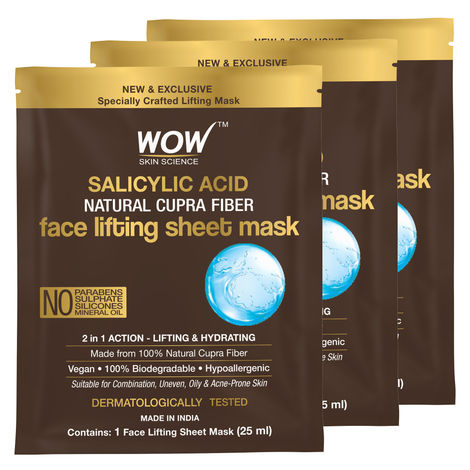Buy WOW Skin Science Salicylic Acid Natural Fiber Cupra Face Lifting Sheet Mask - Balances Sebum, Controls Acne And Renews Skin - 25 Ml - Pack of 3-Purplle