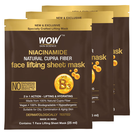 Buy WOW Skin Science Niacinamide Natural Fiber Cupra Face Lifting Sheet Mask - Reduces Blemishes , Restores Skin Barrier And Regulates Sebum - 25 Ml - Pack of 3-Purplle
