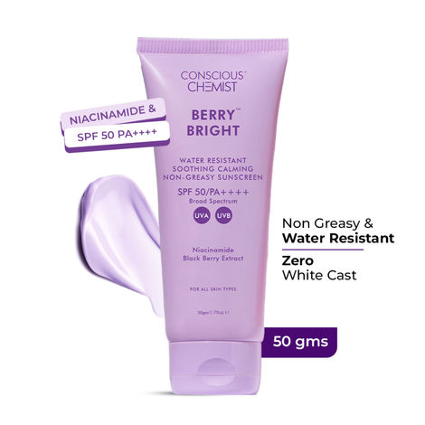 Buy Conscious Chemist Berry Bright Water Resistant Sunscreen | Sunscreen SPF 50 PA++++ | 50 gm | Sunscreen for Oily Skin, Niacinamide Sunscreen with Black Berry Extract, Hybrid Lightweight, Water Resistant, All Skin Types-Purplle