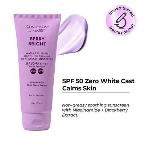 Buy Conscious Chemist Berry Bright Water Resistant Sunscreen | Sunscreen SPF 50 PA++++ | 50 gm | Sunscreen for Oily Skin, Niacinamide Sunscreen with Black Berry Extract, Hybrid Lightweight, Water Resistant, All Skin Types-Purplle