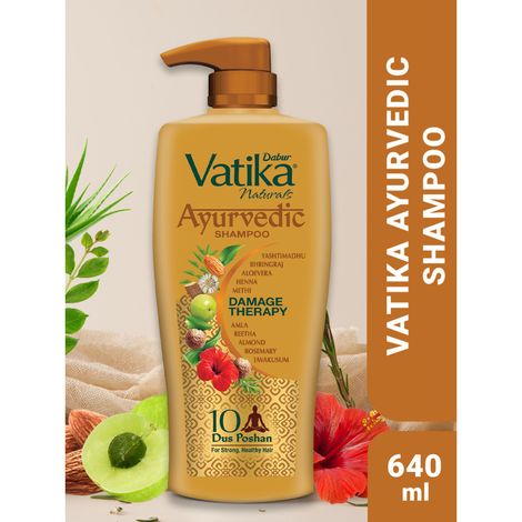 Buy Dabur Vatika Ayurvedic Shampoo - 640ml | Damage Therapy | With Power of 10 ingredients for solving 10 hair problems| No Parabens | For all hair types-Purplle