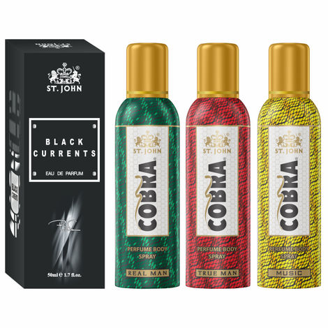 Buy St John Cobra No Gas Deo True Man, Real Man, Music 100 ml each & Black Current 50 ml Combo Perfume Body Spray - For Men & Women (350 ml, Pack of 4)-Purplle