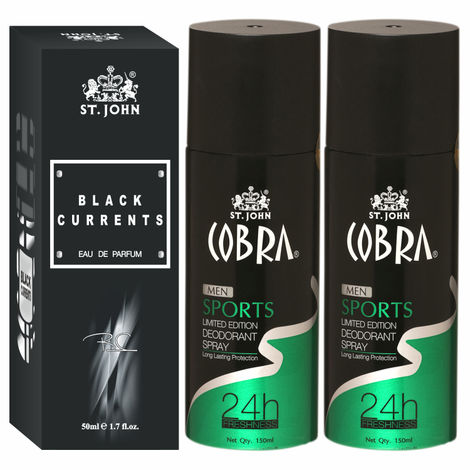 Buy St John Cobra Deodrant Sports 150 ml Pack of 2 & Black Current 50 ml Perfume Combo Gift Pack Perfume Body Spray - For Men & Women (350 ml, Pack of 3)-Purplle